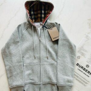 Burberry Gray Hoodie with Red and Tan Accents